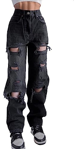 MEKIN Damen Loose Jeans Ripped Distressed Holes High Waist Cut Straight Casual Baggy Denim Pants Hosen E-Girls Y2K Streetwear (as3, Alpha, m, Regular, Regular, schwarz)