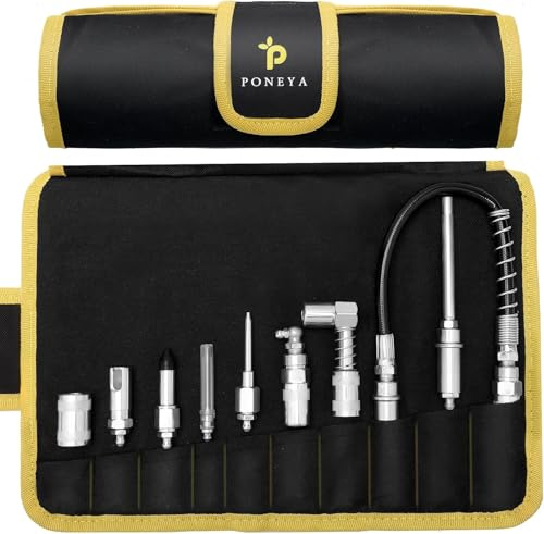 PONEYA Fettpressenkupplungen, 9-teiliges Schnellverbindungs-Fettzubehör-Set mit Fettpressenspitzen,12 Schlauch Fettpresse Kupplung und Aufrolltasche, Ideal für Alle Arten von Fettpressen