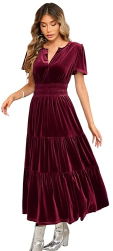 R.Vivimos Women's Fall Winter Vintage Velvet Dress Short Sleeve V Neck Elastic Waist Tiered Ruffle A-Line Flowy Elegant Maxi Dress (Large, WineRed)