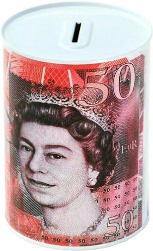 MEA Pound Notes Design Money Box Tin £5, £10, £20, £50 GBP | Savings Cash Tin for Kids & Adults | Piggy Bank with UK Banknote Print | Multicolour & Size Cash Storage (£50 Design, Large)