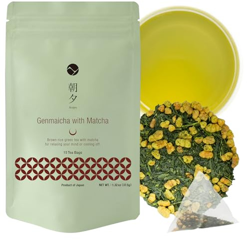 Asayu Japan Genmaicha with Matcha, Japanese Green Tea with Roasted Brown Rice and Ceremonial Grade Tea Powder, 15 Pyramid Tea Bags, 100% Made in Japan - Genmaicha with Matcha