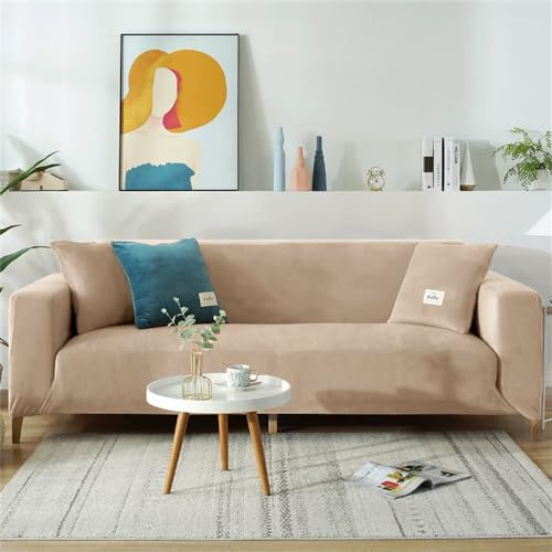 DOTBUY-SHOP Samt Stretch Sofabezug rutschfest Sofaüberwürfe mit Armlehnen, Universal Wohnzimmer All-Inclusive Ecksofa L Form Sofa/Sesselbezug für Hotel Schlafzimmer Zuhause (4 Sitzer,Khaki)