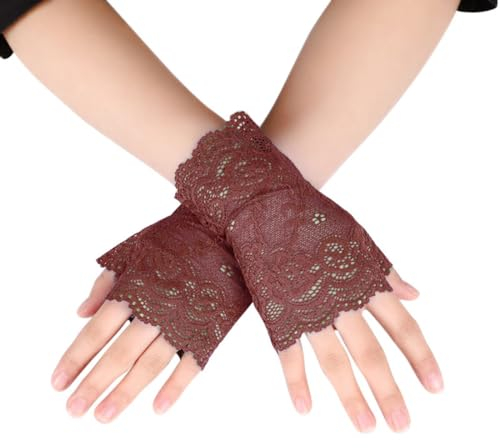 Whakano 1 Paar Damen Fingerlose Spitzen Handschuhe,Kurze Hochzeitshandschuhe,Kurz Geschnittene Fingerlose Gloves Damen Mädchen Braut,für Halloween,Bankett,Party,Hochzeit,Tea Party Zubehör,Braun
