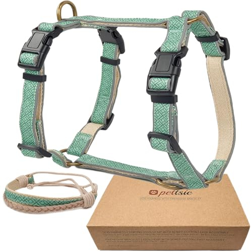 Pettsie No-Pull Hundegeschirr, reflektierend, 4 verstellbare Riemen, einfache Kontrolle mit 2 Leinenclips, passendes Freundschaftsarmband, weicher Hanf für empfindliche Haut, S, Türkis