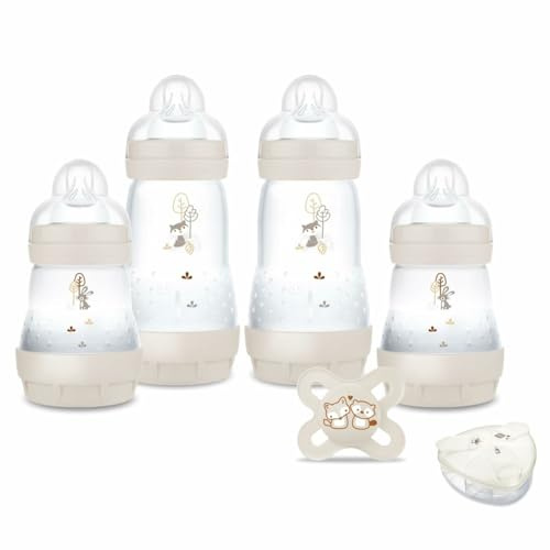 MAM|Mon coffret Naissance(6 produits)Sable 4 biberons Easy Start Anti-Colique+1 sucette Naissance+1 boîte doseuse offerte–Cadeau de naissance idéal avec biberons et tétine ultra douce-dessin aléatoire
