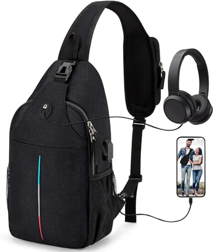 Lidxfeo Anti-stöld multisyfte crossbody-väska, vattentät bröstväska, bröstväska, män, axelväska med USB-laddningsport, flera fickor sling-ryggsäck, för vandring, resor, klättring etc, svart, Svart 4.0
