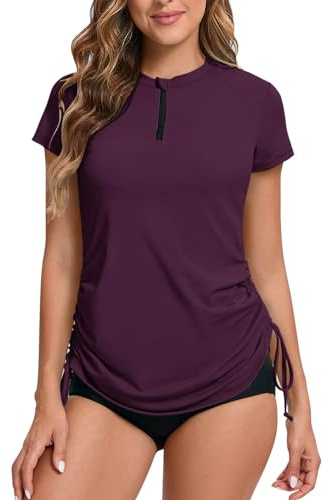 UV Shirt Damen Wasser 1/4 Reißverschluss Schwimmshirt Rashguard Damen Badeshirt Kurzarm Schwimm T-Shirt Verstellbarer Saum UPF 50+