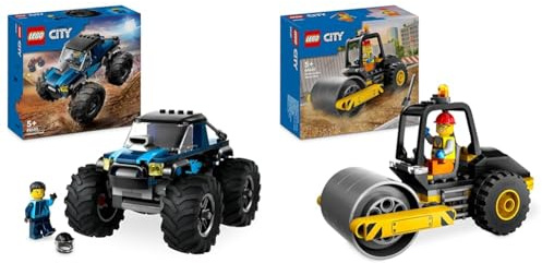 LEGO City Monster Truck Blu, Giocattolo Fuoristrada Off-Road da Costruire & City Rullo Compressore, Set di Costruzioni Giocattolo per Bambini e Bambine da 5 Anni in su
