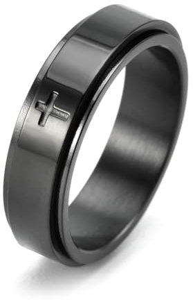 Dsnyu Anxiety Ring Herren, Black Ring Women Kreuzen Schmuck 6mm Breit Titan Größe 54 (17.2) Komfort Fit mit Box