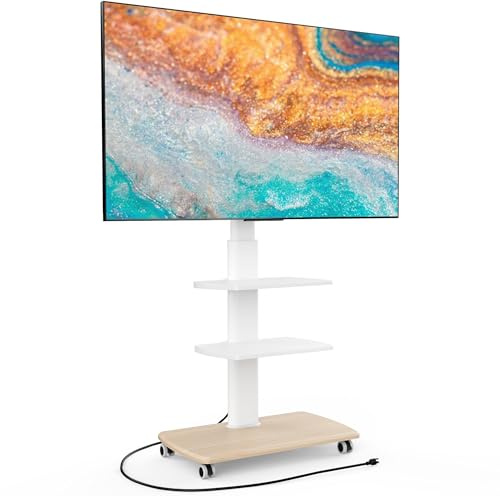 FITUEYES Rolling TV Stand with Power Outlets, Swivel Portable TV Stand for 32-70Inch LCD LED OLED Flat/Curved Panel Screen TVs, Height Adjustable&Wood Base, Mobile TV Cart with 2 Shelves