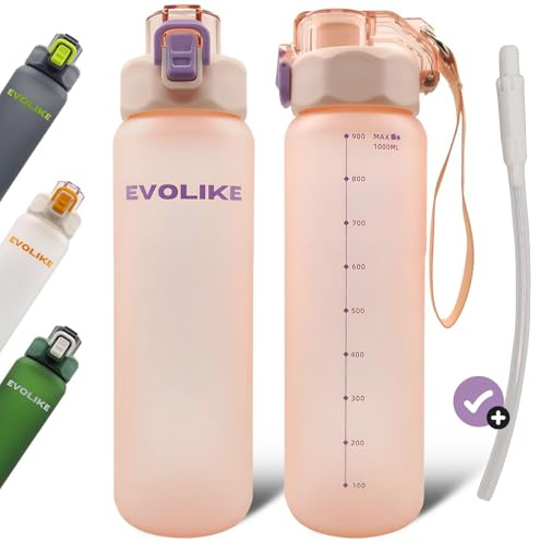 Evolike Trinkflasche Sport Wasserflasche 1l mit Strohhalm Sportflasche 1 Liter BPA-frei Auslaufsicher Rutschfest Water Bottle with Straw | Spülmaschinengeeignet bis 40 Grad (Pink)