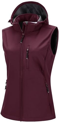 33 000 fot softshell västar för kvinnor med avtagbar huva fleece fodrad ärmlös jacka vattentät vindtät sportväst väst med 5 fickor för ridning löpning vandring, Vinröd, 3XL