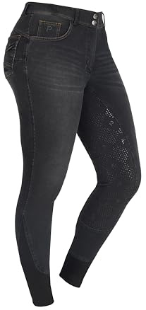 Preto Premium Denim Damenreithose, Vollbesatz, Silikongriff, weich, dehnbar, Reithose mit Taschen