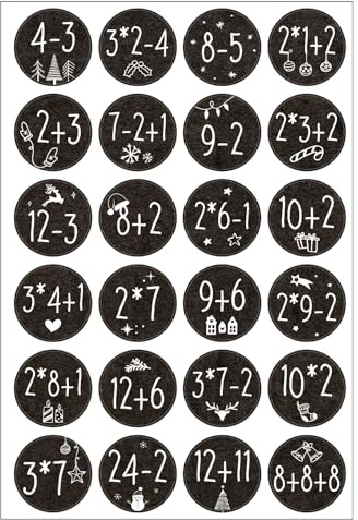 1-24 3.8CM Autocollants de Chiffres de Calendrier de l'Avent avec Problèmes Arithmétiques Étiquettes Stickers Rond Sapin Bonhomme de Neige Cloche Décoration DIY Cadeau pour Fête Avent de Noël