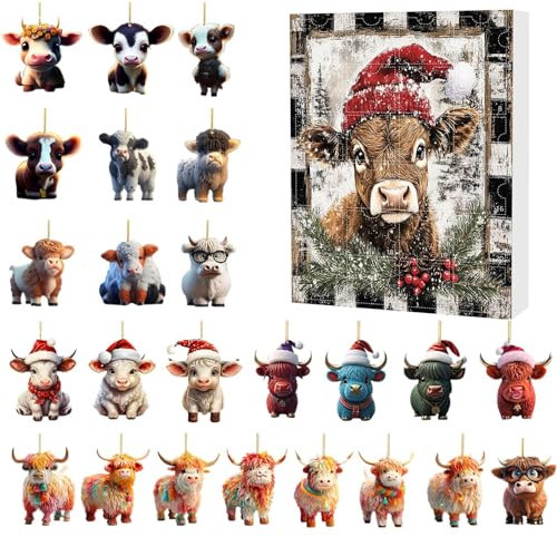 2024 Weihnachts-Adventskalender, Adventskalender zum Sammeln, 24 lustige Kuh-Set, Gedenk-Sammelzubehör, 24-Tage-Weihnachts-Countdown-Kalender für Kinder und Erwachsene (2D flach)