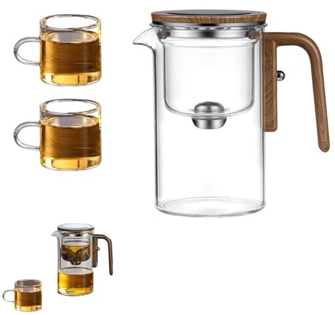 ALOEU Glass Teapot with Strainer, Water Separation, Wooden Handle, 520ml, Transparent