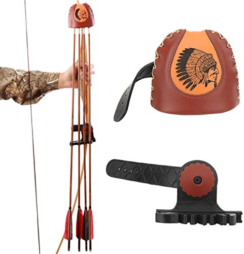 Yuecoom Recurve-Bogenköcher, 4-Pfeile-Köcher, Pfeilhalter, Pfeilköcher-Schnellverschlusssystem, brauner Leder-Bogenschießenköcher für Recurve-Bogen, Recurve-Bogen-Zubehör