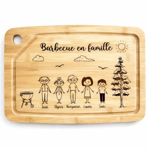Planche à Découper Personnalisée en Bambou avec Gravure de Famille, Motif Campagne, 5 Tailles Disponibles