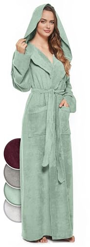 jazzylab Bademantel Damen mit Kapuze extra lang 100% Baumwolle (340 gm²), Mint hell, S