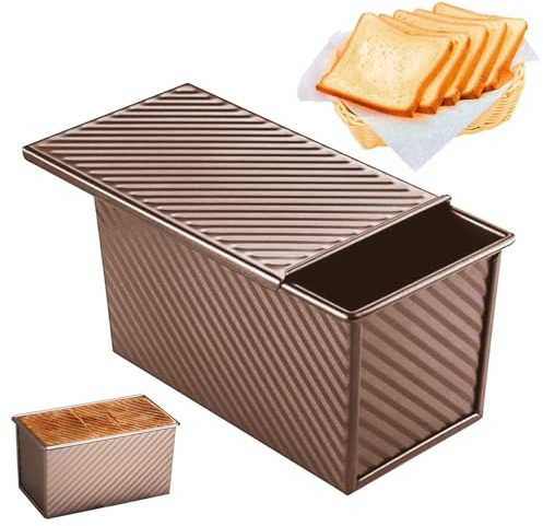 CBRAEXY Moule à pain avec couvercle, 450 g, outils de cuisson, boîte à pain, avec porte coulissante, anti-adhésif, avec couvercle, trous d'aération, pour pâtisseries, pains, gâteaux (doré)
