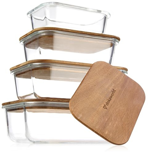 dokaworld Glass Tupperware Set with Acacia Lids - 4 Stackable Meal Prep Containers. Durable heat resistant Inert Borosilicate Glass | 4 Stackable Meal Prep Containers. Durable heat resistant Inert Borosilicate Glass