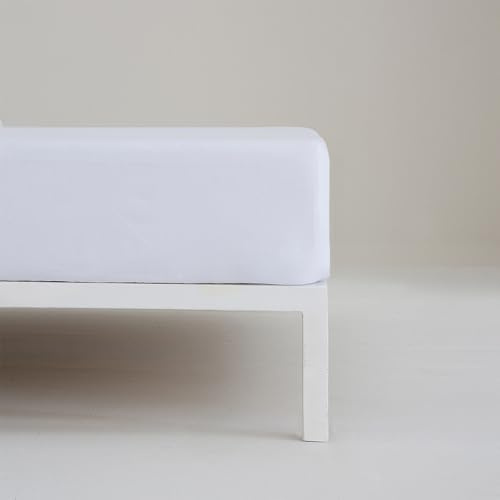 COTTON ARTean Sábana Bajera Ajustable Cama 105x190 Noa Blanco 100% ALGODÓN PERCAL 200 Hilos. 4 Puntos de Ajuste