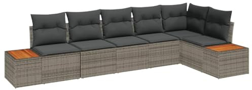 vidaXL Trädgårdsoffset med kudde 6 pcs Grå Poly rattan, Trädgårdsoffas, modern rottingmöbel, lätt, modulär utemöbler för terrass, UV-beständig akaciaträ