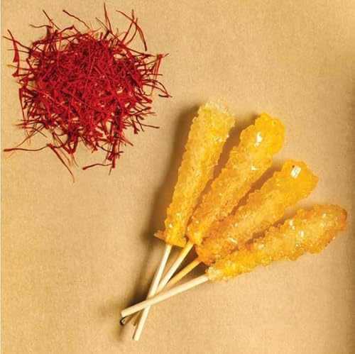 Saffron Rock Candy Sugar with Wood Stick (Nabat Chobi) 300gr with 16 Sticks – Traditional Sweet Treat for Tea, Coffee, and Desserts – Premium Quality, Natural Flavor نبات