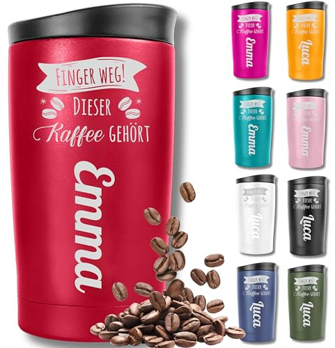 KUINEA Thermobecher personalisiert mit Namensgravur – Kaffeebecher To Go aus Edelstahl, 350 ml, 100% auslaufsicher – Rot