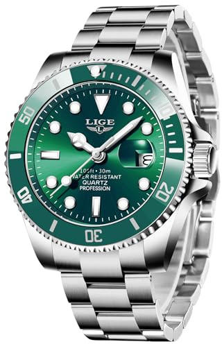 LIGE Montre Homme, Montres Bracelet Quartz Analogique, Acier Inoxydable, étanche 3 ATM （30M）, Aiguilles Lumineuses, Affichage de la Date, Classique, élégant, Professionnel et Décontracté, Vert