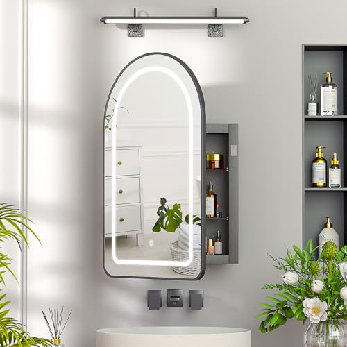 KEEPREAPER Einbau-Medizinschrank mit Licht,Gebürstetes Schwarzes gewölbtes Medizinschränkchen mit Spiegel für Badezimmer,3-Farben beleuchtetes Spiegelschränkchen Wandmontiert,51x80x13cm