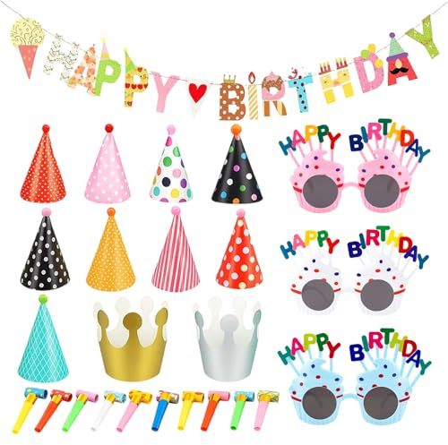 HcvGcm 25 Stück Partyhüte Für Kuscheltiere, Partyhüte Kindergeburtstag Set Mit Lufttröten Und Kronen, Geburtstagshut Dekoration Für Familienfeiern Und DIY Aktivitäten