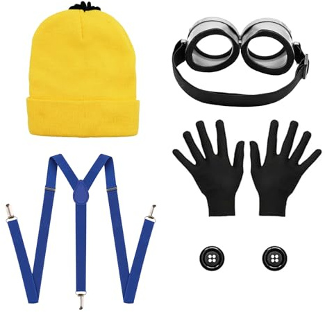 set de 5 piezas de Disfraz Amarillo para Cosplay, Accesorios de Disfraces Halloween Adultos con Animados Gafas Sombrero Guantes Tirantes, Accesorios de Disfraces para Fiestas Halloween Carnaval
