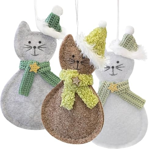 Filzanhänger Katzen, 3 Stück: Weihnachtsanhänger aus Filz, Geschenkanhänger Weihnachten, Winterdeko, Stoffanhänger Geschenke, Anhänger Tannenbaum & Zweige, Baumschmuck, Weihnachtsdeko Kinder, 13 cm