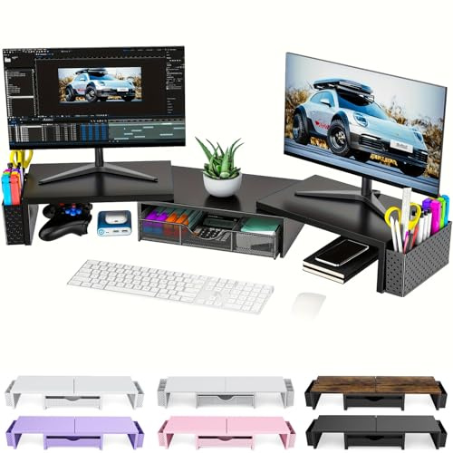 Dubbelt monitorstativ, metallmonitorhöjning med låda och 2 pennhållare, justerbar längd och lutning – Dual Monitor Stand Riser för bärbar dator, PC, dator, skrivare (metall svart)
