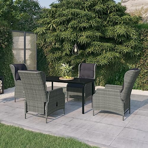 Bucmath 5-TLG. Garten-Essgruppe Hellgrau, verstellbare PE-Rattan-Sessel, Glastisch, Outdoor-Möbel-Set mit Kissen, für Garten, Terrasse, Balkon