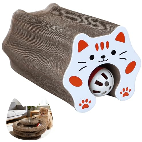 Kratzkokon für Katzen Faltbar zum Spielen & Schlafen – Magische Orgel Kratzbrett Katze für Krallenpflege – Interaktives Katzenspielzeug Pappe mit Ball – Robustes Wabenpapier Reisebett & Katzenhöhle
