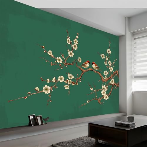 Carta da Parati Murale Orientale Tradizionale 200L x 140A cm, Carta da Parati Murale Fotografia Animale Uccello Fiore di Prugno Ramo per Soggiorno Camera da Letto Cameretta - Facile da Installare