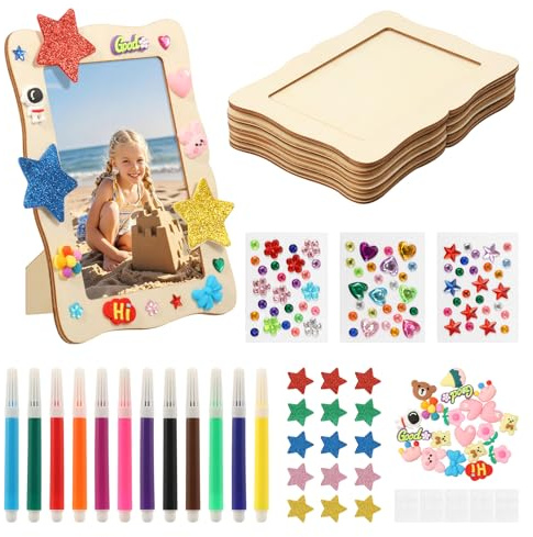 6 Pack Wooden Picture Frame Painting Craft Kit for 4 x 6 Photo, Unfinished Solid Wooden Picture Frames, Standing Photo Frames with 12 Watercolour Pen Rhinestone and 3D Sticker for DIY Paint Decor