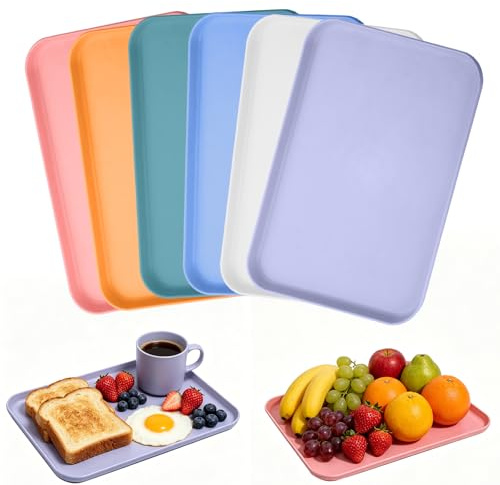 Plastic Serving Tray, 6 Pcs Plastic Trays for Food Serving, Rectangular Plastics Dinner Tray Kitchen Reusable Rectangular Trays for Kitchen Cafe Bakery Restaurant(24.5 x 17.5 cm 6 Colors)
