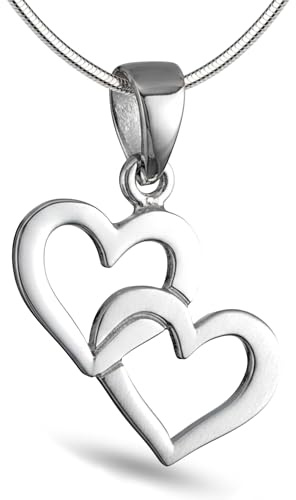 Herzkette 925 Sterling Silber mit 2 verbundenen Herzen für Damen, AAH-S | Glänzender Anhänger, Schlangenkette, nickelfrei, antiallergisch, langlebig verarbeitet, designed in Deutschland.