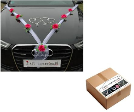 Organza M + Herzen Braut Paar Rose Deko Dekoration Autoschmuck Hochzeit Car Auto Wedding Deko Ratan Girlande ®Auto-schmuck PKW (Burgund/Weiß/Weiß)