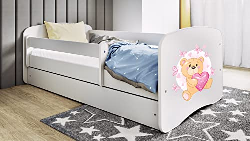 Bjird Kinderbett Jugendbett 70x140 80x160 80x180 Weiß mit Rausfallschutz Schublade und Lattenrost Kinderbetten für Mädchen und Junge - Teddybär 160 cm