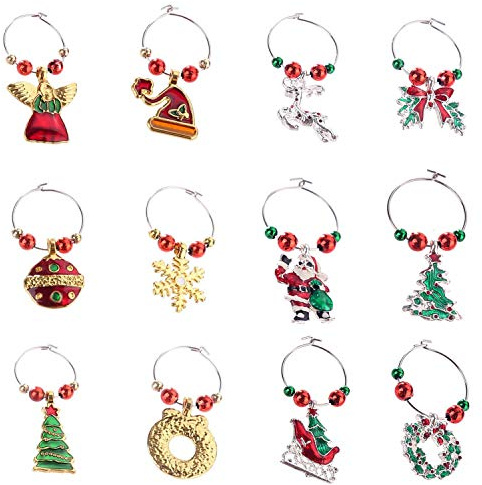 COSORO 12Pcs Xmas Wine Charms,Christmas Wine Glass Marker Drink Markers-Handmade Multi Colour Wine Glass Charms for Christmas Party Bar Table Decorations