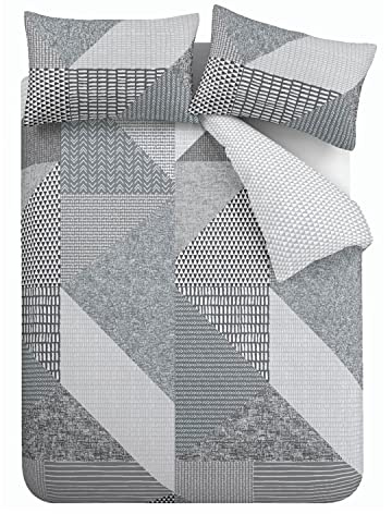 Catherine Lansfield Larsson Geo Reversible Double Duvet Cover Set with Pillowcases, Grey, Double