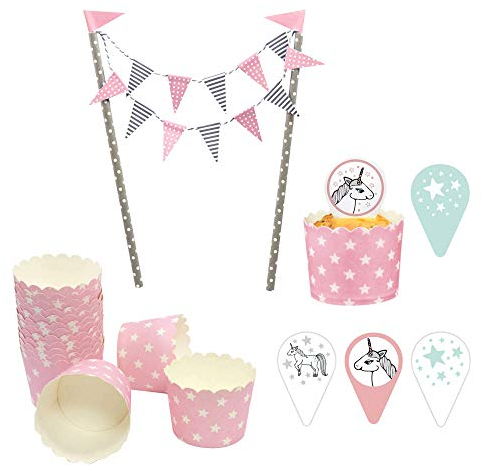 Frau WunderVoll® Deko MUFFINBACKSET Einhorn Inhalt 25 Cupcake Formen/Kuchengirlande/Kuchenstecker/Topper