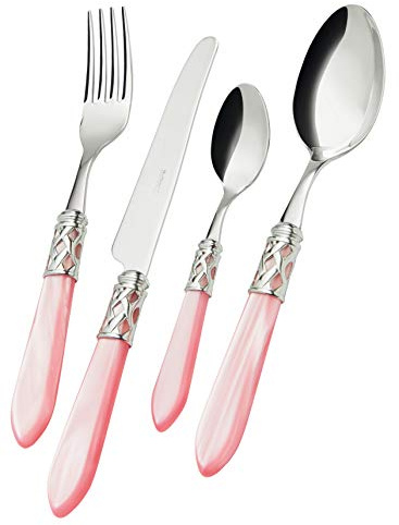 BUGATTI, Aladdin, 24-teiliges Besteckset aus Edelstahl 18/10, verchromtem Ring und ROSA Farbgriff mit Perlmutt-Effekt. Besteckset für 6 Personen: 6 Löffel, 6 Gabeln, 6 Messer und 6 Kaffeelöffel
