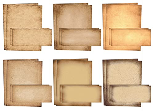 Better Office Products Aged Paper Stationery, 100 Piece Set (50 Sheets + 50 Matching Envelopes), Vintage Antique Old Fashion Parchment Paper, Letter Size 8.5 x 11, 6 Designs, Double Sided Paper,