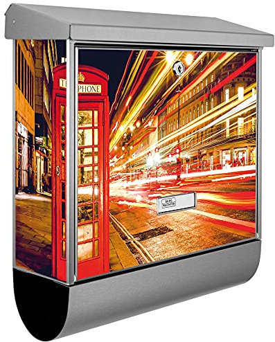 banjado® Burgwächter Briefkasten Edelstahl 38x39x12cm mit Motiv Red Telephone Trafic/Briefkasten Edelstahl ohne Zeitungsfach/Briefkasten grau/Postkasten inkl. Montagematerial & 2 Schlüsseln