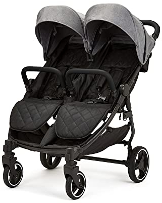 Ickle Bubba Venus Doppelkinderwagen - geeignet von Geburt bis 15 kg (ca. 3 Jahre), leichter, faltbarer Zwillingskinderwagen mit Regenschutz (Schwarz/Weltraumgrau/Schwarz)